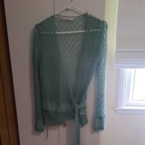 Nougat London Green Wrap Blouse Long Sleeve Tie Front